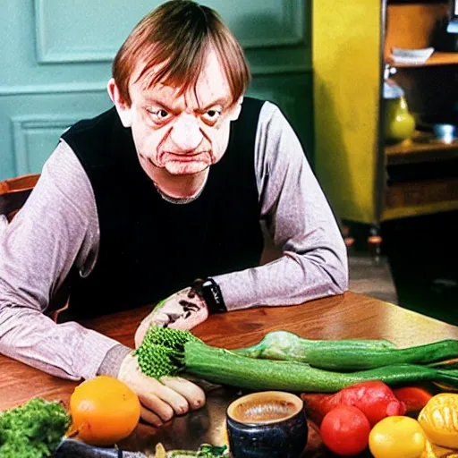 Image similar to mark e smith sitting at a table eating a big pile of vegetables, fork and knife in hand, drooling and licking and smacking his lips, photograph