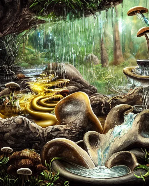 Image similar to a painting of a stream of water pouring from a biomorphic gorilla skull and producing gold liquid, in a wild mushroom fountain, bath like style, isometric views, white crystal texture , 8k