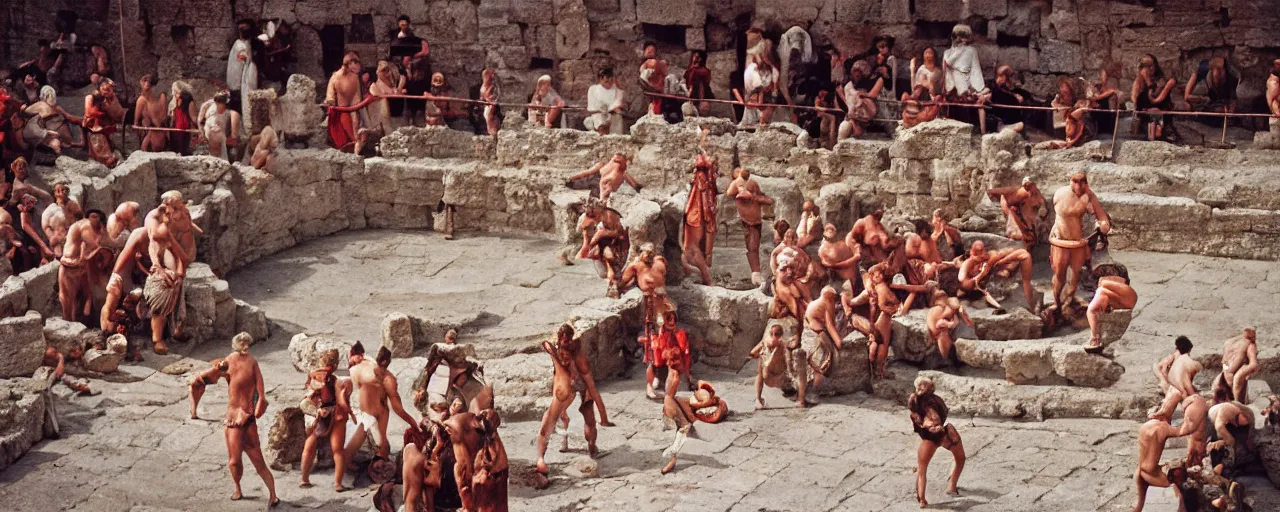 Image similar to ancient romans watching gladiators, big bowl of spaghetti!!!! coliseum architectural, minimal, canon 5 0 mm, wes anderson film, kodachrome, retro