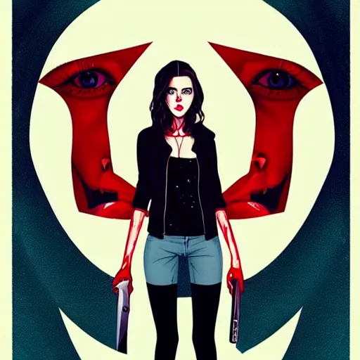 Image similar to loish, artgerm, Joshua Middleton art, pretty female Alison Brie serial killer holding bloody knife in right hand five fingers, blood on clothes and face, sarcastic smile, symmetrical eyes, symmetrical face, full body, jean jacket, jeans, short blonde hair, middle shot, night time, deep blacks