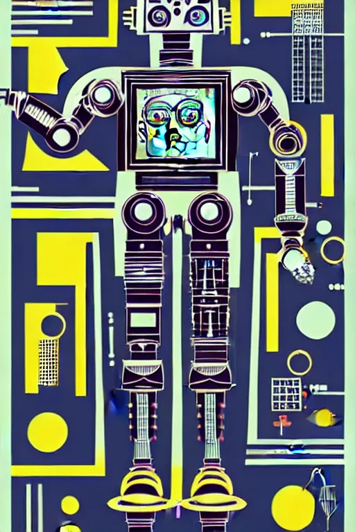 Image similar to a diagram of a robot body with various parts, cyberpunk art by eduardo paolozzi, behance contest winner, computer art, greeble, steampunk, poster art, james turrell, robert rauschenberg, andy warhol, pop art, czechoslovakia, surrealism, milton glaser, graphic design