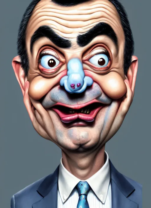 Image similar to highly detailed caricature portrait of mr bean with clown makeup by ross tran, by greg rutkowski, brush strokes, 4 k resolution, light blue pastel background