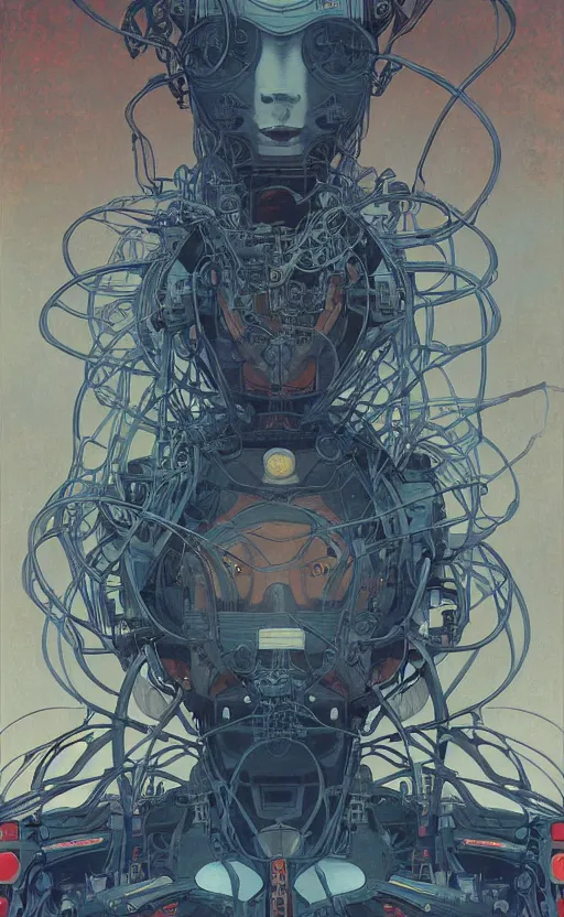 Prompt: upper half portrait of army mecha robot - wires and vines as poster design borders, art by alphonse mucha & zdzisaw beksinski, highly detailed, digital painting, concept art, illustration, smooth sharp focus, intricate, symmetry, artstation, colourful,