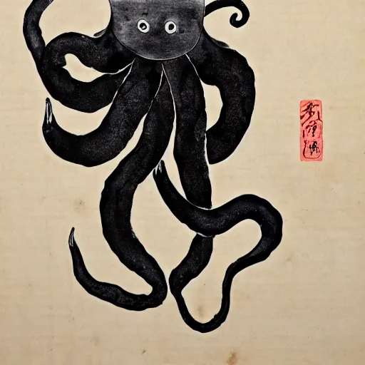 Prompt: a pig - octopus, calligraphy, ink on japanese rice paper