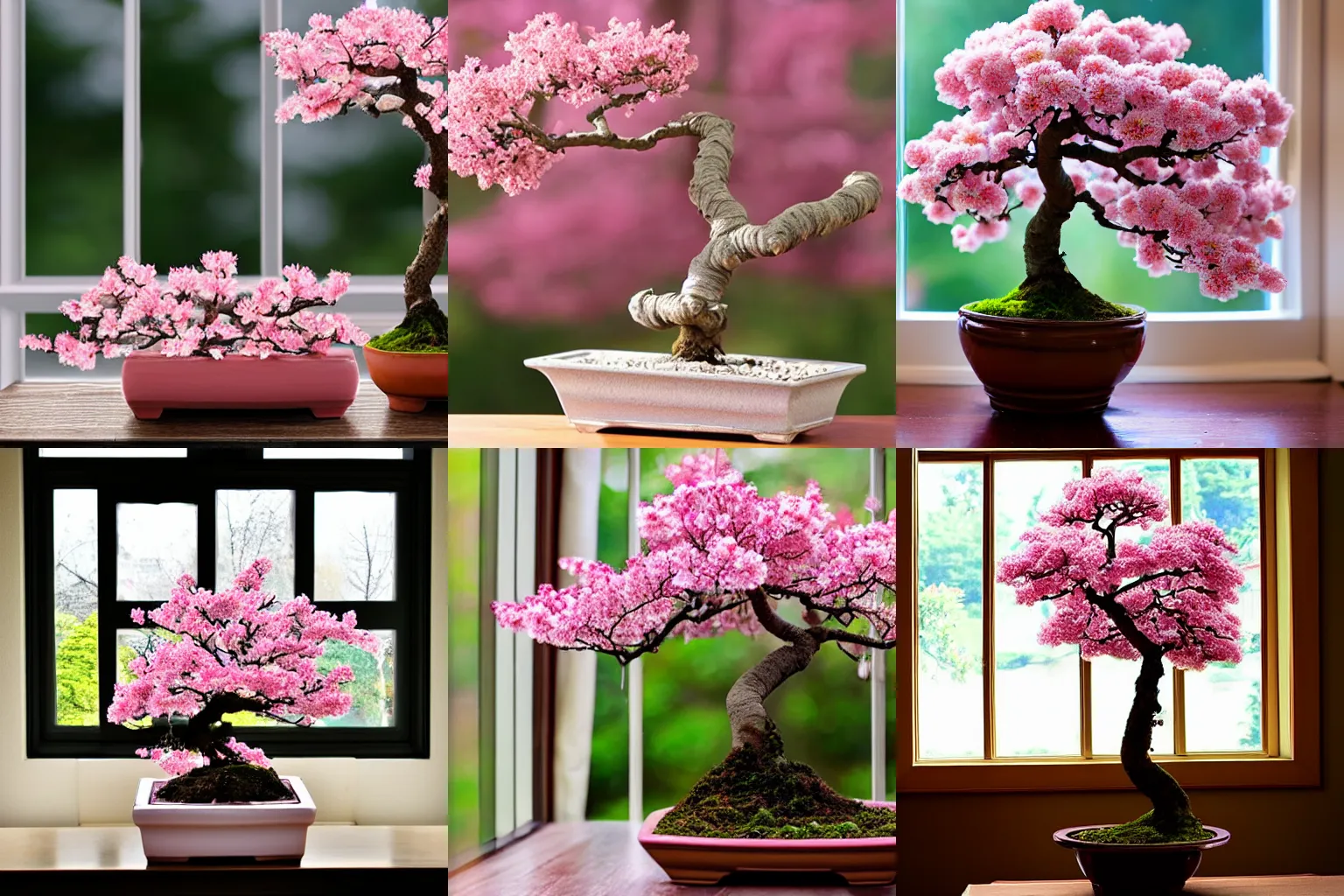 Prompt: beautiful, cute pink sakura bonsai tree on table next to window, high detail, 8k,