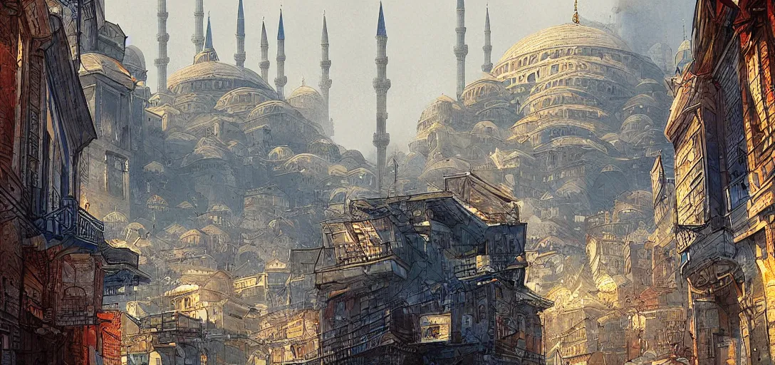 Prompt: istanbul!!, distopian, smog, blue ( ( light ) ), very detailed picture, by marc simonetti