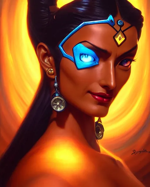 Image similar to symmetra from overwatch, bust, fantasy, fantasy art, fantasy, colorful, elegant, character portrait, portrait, close up, highly detailed, intricate detail, amazing detail, sharp focus, vintage fantasy art, vintage sci - fi art, radiant light, caustics, by boris vallejo