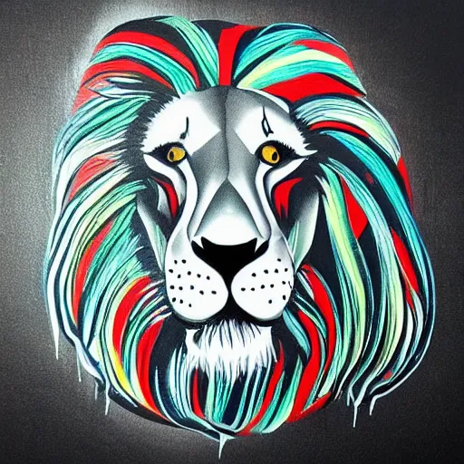 Image similar to “painted lion, dotart, album art in the style of James Jean”