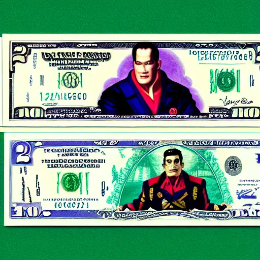 Image similar to Raul Julia's M. Bison, bison dollar notes