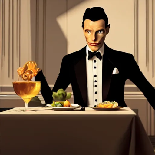 Image similar to a man in a tuxedo sitting at a table with a plate of food, an art deco painting by Patrick Brown, cgsociety contest winner, art deco, rendered in unreal engine, art deco, rendered in cinema4d