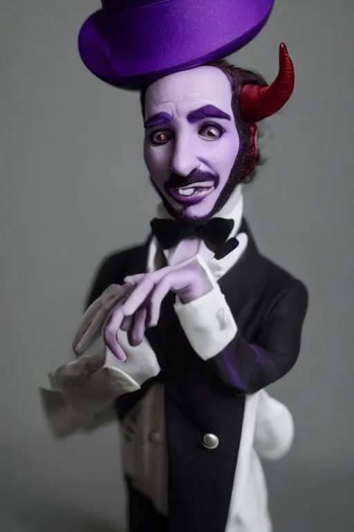 Prompt: a purple skinned tiefling with a goatee wearing a white suit and tophat, purple skin, goatee, by Monia Merlo