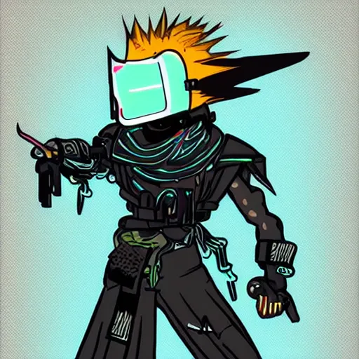 Image similar to a cyberpunk skull character drawn in the style of samurai jack