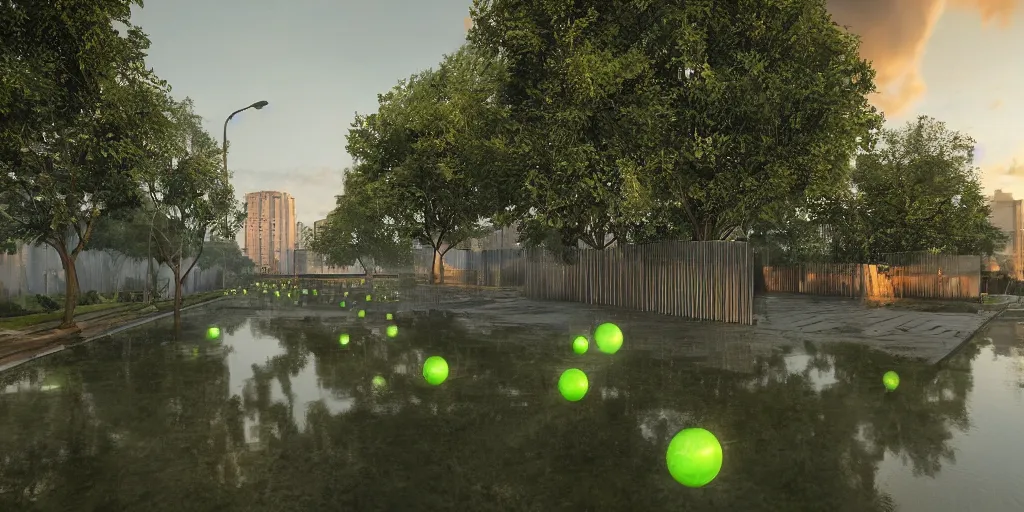 Image similar to soviet brutalims huge green concrete orbs in city view by argerm and eddie mendoza, green glow, puddles of water, sunset, trees, dark, moody, volumetric lighting, dirty