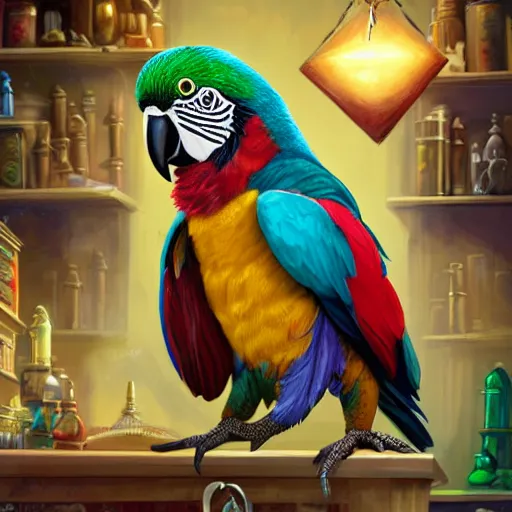 Image similar to Anthropomorphized parrot trader in his shop, shelves full, selling a gem, portrait, items, magic potions, weapons, arcana, carpet, window, fancy funny hat, sly expression , cunning expression, cute expression, presenting magic gem, D&D, fantasy, cinematic lighting, highly detailed, digital painting, artstation, concept art, smooth, sharp focus, illustration, warm light, cozy warm tint, magic the gathering artwork, volumetric lighting, 8k, no gold, no gold colours, art by Akihiko Yoshida, Greg Rutkowski