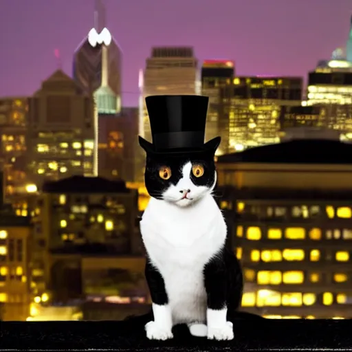 Image similar to photo of black photo of a Tuxedo Cat wearing a top hat, sitting on a rooftop at night time, Philadelphia skyline at night in the background