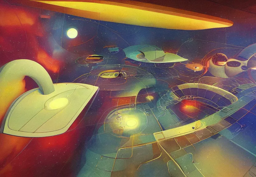 Image similar to ! dream an oil panting of a futuristic space in the metaverse designed by frank gehru