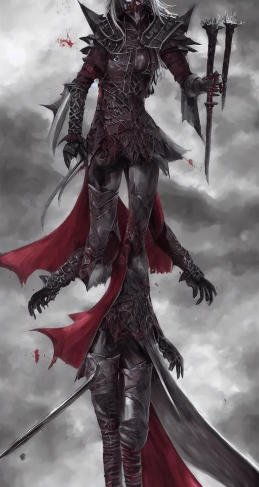 Image similar to dnd art, female vampire knight, barefoot, black full plate armor, historical armor, realistic armor, full body, monstrous mask, giant two - handed sword dripping blood, red wings, grinning, no shoes, black nail polish, realistic, pathfinder, flying.