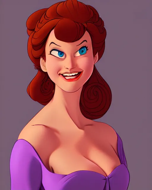 Prompt: lovely adult woman character portrait, by don bluth, highly detailed, dynamic shadows, 4 k, splash art