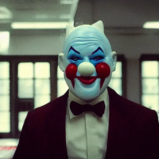 Prompt: blurry film still of a man wearing a suit and a latex mask of a clown from the dark knight's bank robbery scene