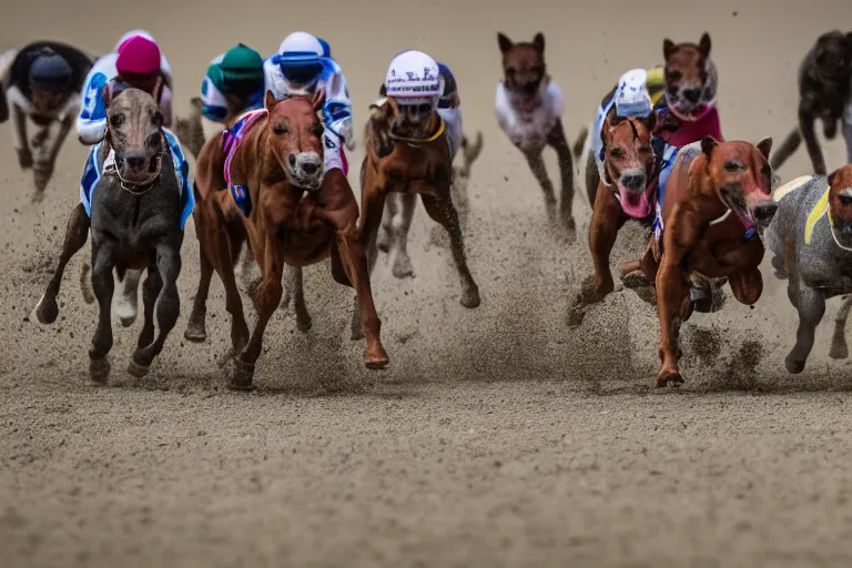 Prompt: an award winning shot of a horse track with racing pit bulls that are winning the race at the finish line