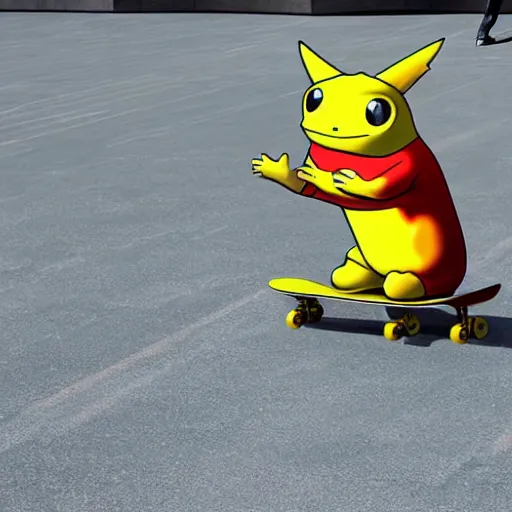 Image similar to Pickachu on a skateboard in a skatepark pixar style