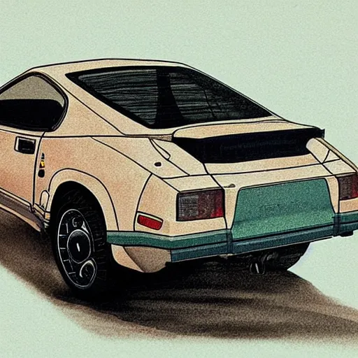 Image similar to pug dog driving a Nissan 300zx, Hayao Miyazaki, intricate detail, illustration, beautiful lighting,