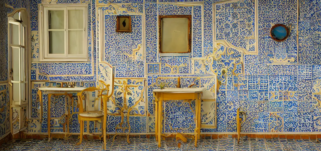 Prompt: ! dream house in porto with portuguese tiles. photographed by wes anderson on fujinon premista 1 9 - 4 5 mm t 2. 9. portra 8 0 0.