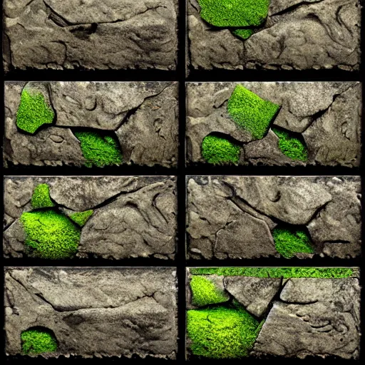 Image similar to digital hand painted tiles textures of a rock bricks with moss, digital art, fantasy, behance, pinterest, deviantart, artstation, design, rpg, detailed, digital art, incredible, digital painting