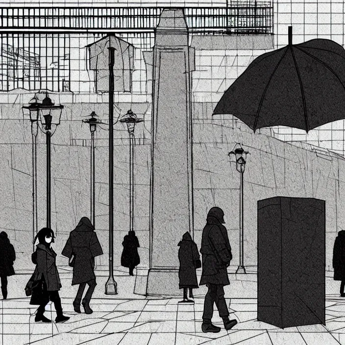 Image similar to folded umbrellas on a stall, in a square, pedestrians walk past. background of old soviet monument. storyboard, scifi cyberpunk. by gabriel hardman, joe alves, chris bonura. cinematic atmosphere, detailed and intricate, perfect anatomy