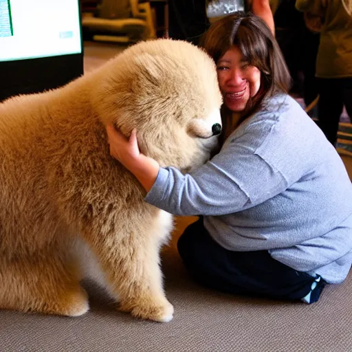 Prompt: LOS ANGELES CA, JAN 8 2010: One of the attentive huggable fluffy creatures that emerged from the opening of the awesomeportal.