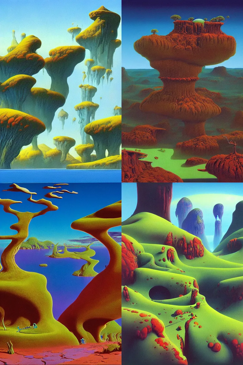 Prompt: surreal fantasy landscape painted by Roger Dean, high quality