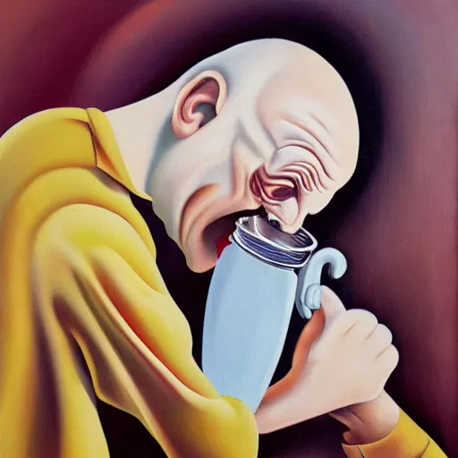 Image similar to surrealism oil painting of a man crying over spilled milk