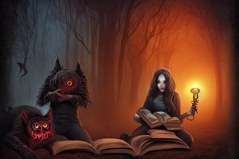 Image similar to romantic photo of bright girl, her cat and her book of necronomicon, symmetrical, cinematic, real dlsr photography, sharp focus, 4 k, ultra hd, sense of awe, sinister demonic atmosphere, dreadful, forbidden knowledge, old gods, cthulhu, yog - sothoth! yah, yah, yah! cultist journal cover