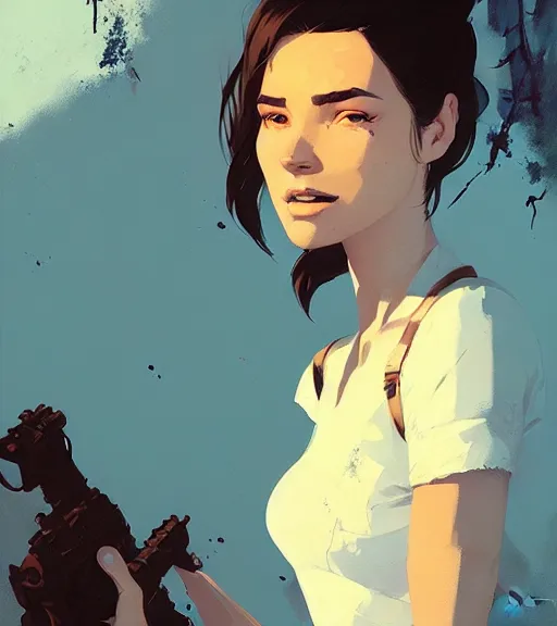 Image similar to portrait of nathan drake savinga beautiful woman by atey ghailan, by greg rutkowski, by greg tocchini, by james gilleard, by joe fenton, by kaethe butcher, dynamic lighting, gradient light blue, brown, blonde cream and white color scheme, grunge aesthetic