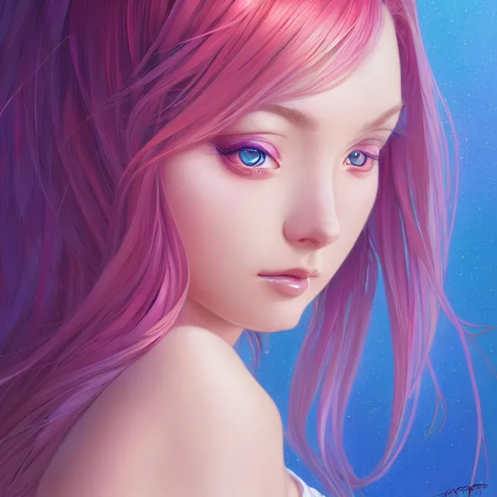 Image similar to portrait of beautiful symmetrical anime girl, rainbow hair, attractive, casual, modern, victoria's secret, highly detailed, digital painting, artstation, concept art, smooth, sharp focus, illustration, art by moebius artgerm, greg rutkowski and alphonse mucha, 8 k,