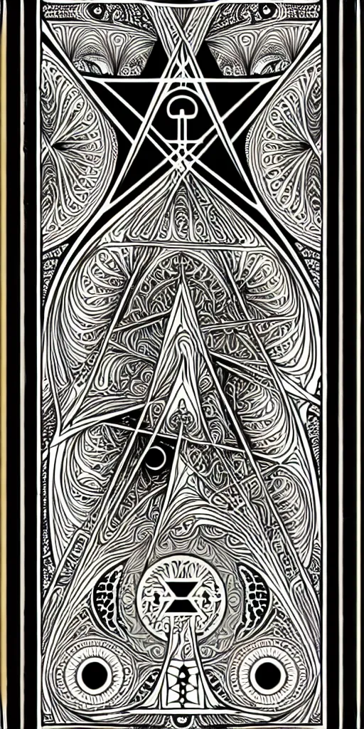 Prompt: a beautiful black and white fractal tarot card featuring bold occult imagery with clean lines. circuit board. detailed adult coloring book