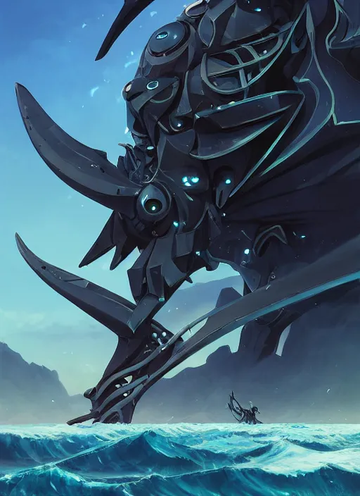 Image similar to close up of a extremely beautiful and aesthetic mech armor witch holding a symmetrical trident, highly detailed face, attractive symmetrical eyes, back shark fin, big wave horizon, dynamic model pose, slightly smiling, blue sky, big blade whale and black giants mech minotaurus, epic scene, fantasy illustrations, by makoto shinkai and peter mohrbacher and ferdinand knab