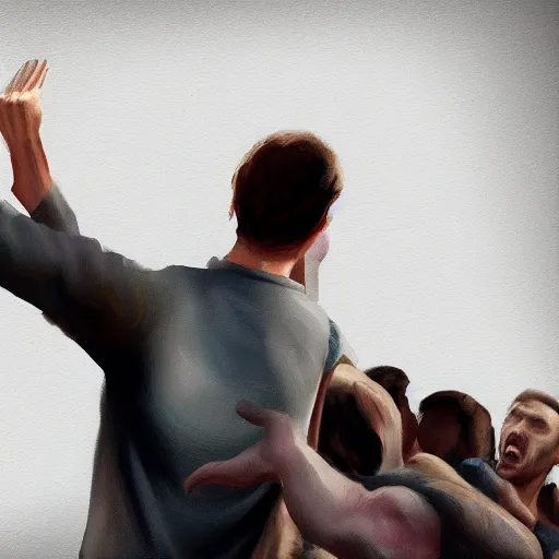 Prompt: A screaming man holding a piece of paper surrounded by an angry mob, the mob is reaching for him, digital painting, artstation