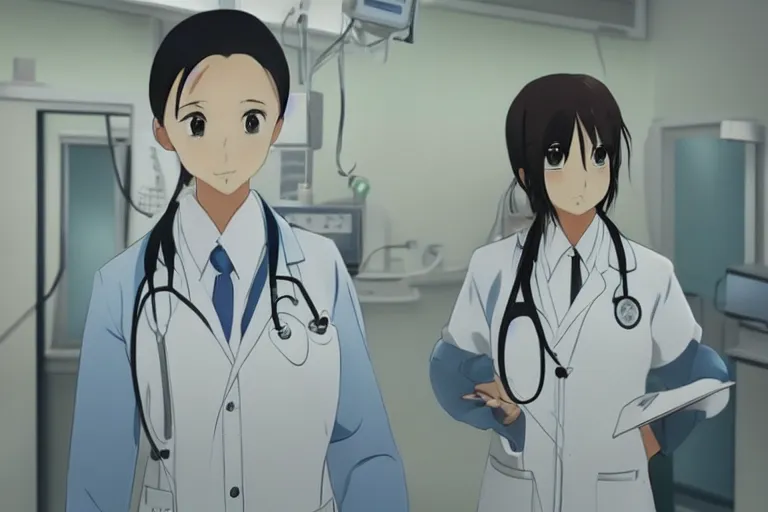 Image similar to a cute and beautiful young lady, a radiologist wearing white coat in a hospital ward, highly detailed, slice of life anime, anime scenery by Makoto shinkai