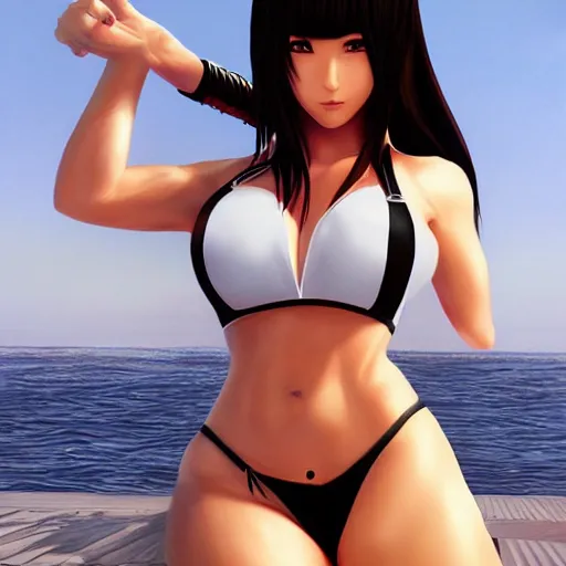 Image similar to beautiful tifa from final fantasy in a bikini, drawn by artgerm