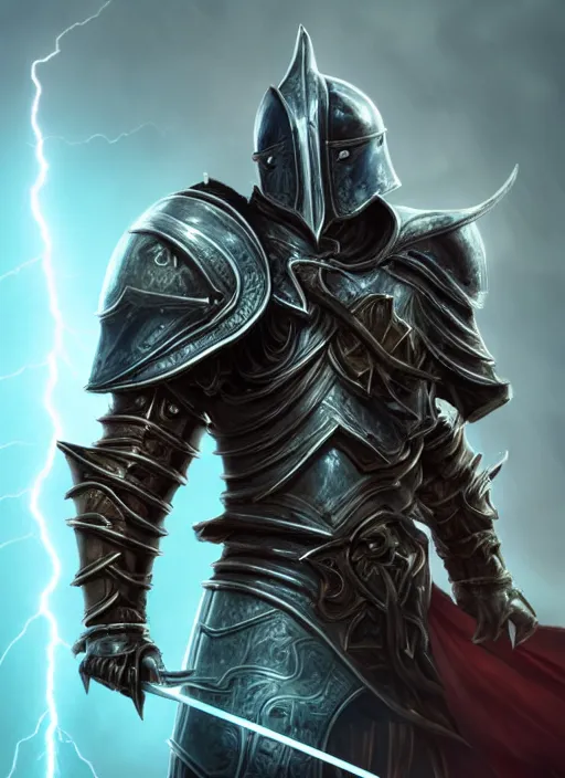 Image similar to portrait of an athletic male knight casting a lightning spell whilst walking near a lightning strike as a diablo 3 character, looking at camera, he is enveloped by lightning arcs, D&D, lightning master, short hair, intricate, elegant, stylish, cute smile, fantasy, extremely detailed, digital painting, artstation, concept art, smooth, sharp focus, illustration, ambient lighting, art by artgerm and greg rutkowski and alphonse mucha and simon stalenhag