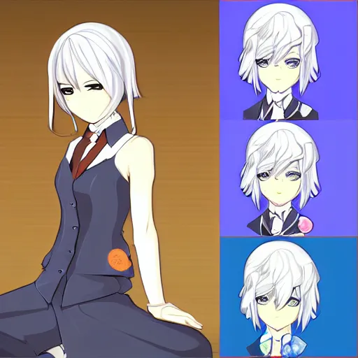 Prompt: Visual novel sprite of a young woman, silver hair and orange eyes, wearing an elegant suit, having a cool and reasoning expression, Danganronpa style