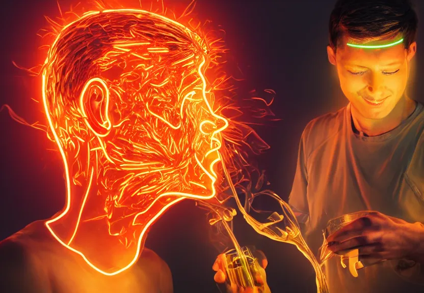 Prompt: a ultra realistic photograph of a man's head being melted with neon honey