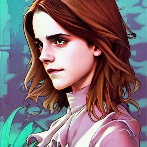 Image similar to emma watson being shy perfect coloring, low saturation, epic composition, masterpiece, bold complimentary colors. stunning masterfully illustrated by artgerm, range murata, alphonse mucha, katsuhiro otomo