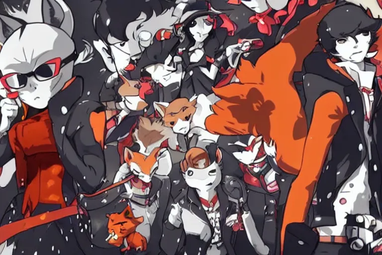 Image similar to a furry tan male fox on a persona 5 : royal ( by atlus ) video game splash screen, a furry male sandcolored tan fox fursona ( has hair ), persona 5 phantom thief style