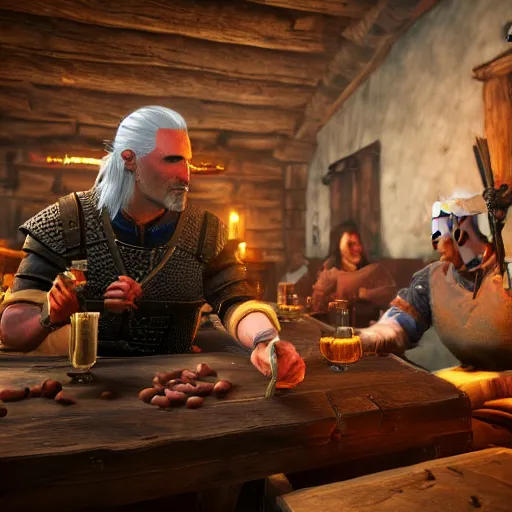 Image similar to geralt eating beans in a tavern, witcher 3 in game screenshot, epic composition