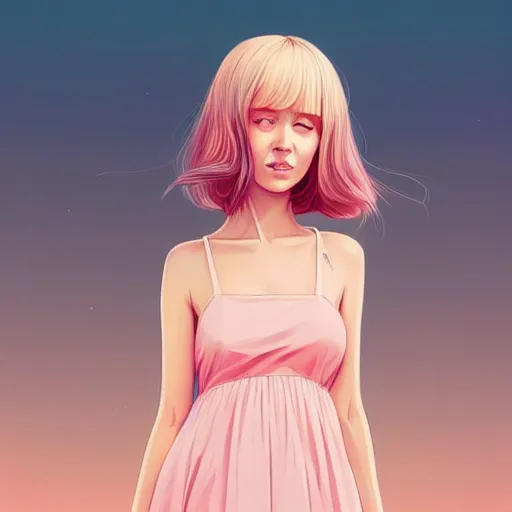 Image similar to happy adult female in sundress, summer dress, pastel light pink very long hair, muted colors, matte print, pastel colors, ornate, digital art, digital painting, fan art, elegant, artstation, head is centered, by Ilya Kuvshinov