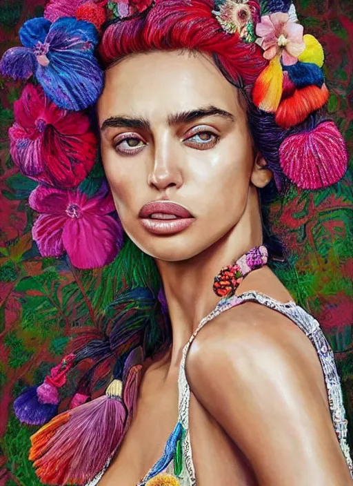 Image similar to beautiful portrait of Irina Shayk wearing fantastic Hand-dyed cotton dress,embellished beaded feather decorative fringe knots ,colorful pigtail,subtropical flowers and plants,symmetrical face,intricate,elegant,highly detailed,8k,post-processing,digital painting,trending on pinterest,harper's bazaar,GUCCI,PRADA,concept art, sharp focus, illustration, by artgerm,Tom Bagshaw,Lawrence Alma-Tadema,greg rutkowski,alphonse Mucha