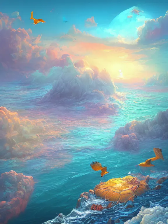 Prompt: A beautiful ultra detailed matte painting of a seascape gulls vivid colors, by Cyril Rolando, David Wiesner, unreal engine, trending on artstation