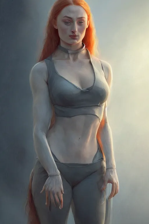 Image similar to Sophie Turner looking behind her, anatomy, only two hands, highly detailed, digital painting, artstation, concept art, smooth, sharp focus, illustration, Unreal Engine 5, 8K, art by art by artgerm and greg rutkowski and edgar maxence